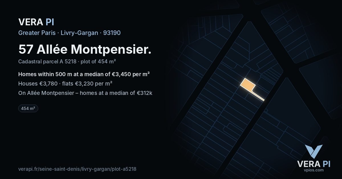 57 Allée Montpensier, Livry-Gargan at night – the plot lit, the parcels around coloured by the prices near them