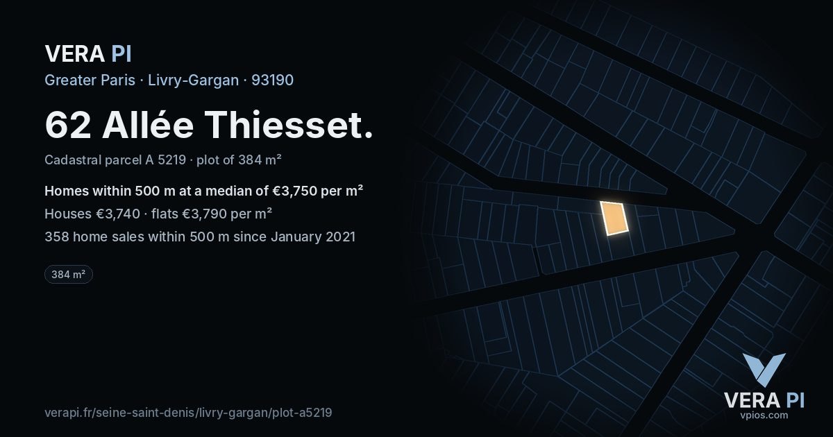 62 Allée Thiesset, Livry-Gargan at night – the plot lit, the parcels around coloured by the prices near them