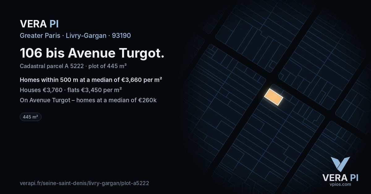 106 bis Avenue Turgot, Livry-Gargan at night – the plot lit, the parcels around coloured by the prices near them