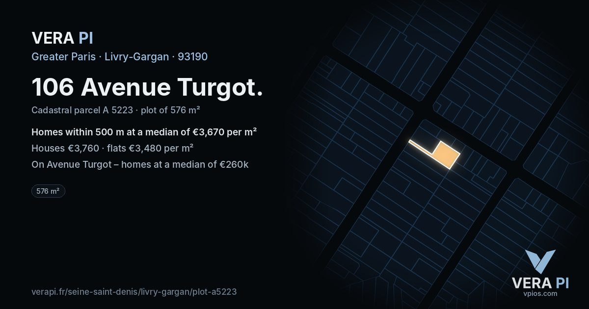106 Avenue Turgot, Livry-Gargan at night – the plot lit, the parcels around coloured by the prices near them