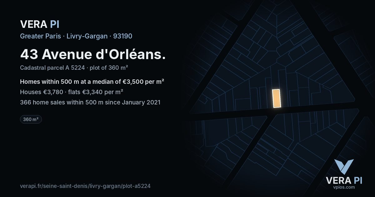 43 Avenue d'Orléans, Livry-Gargan at night – the plot lit, the parcels around coloured by the prices near them