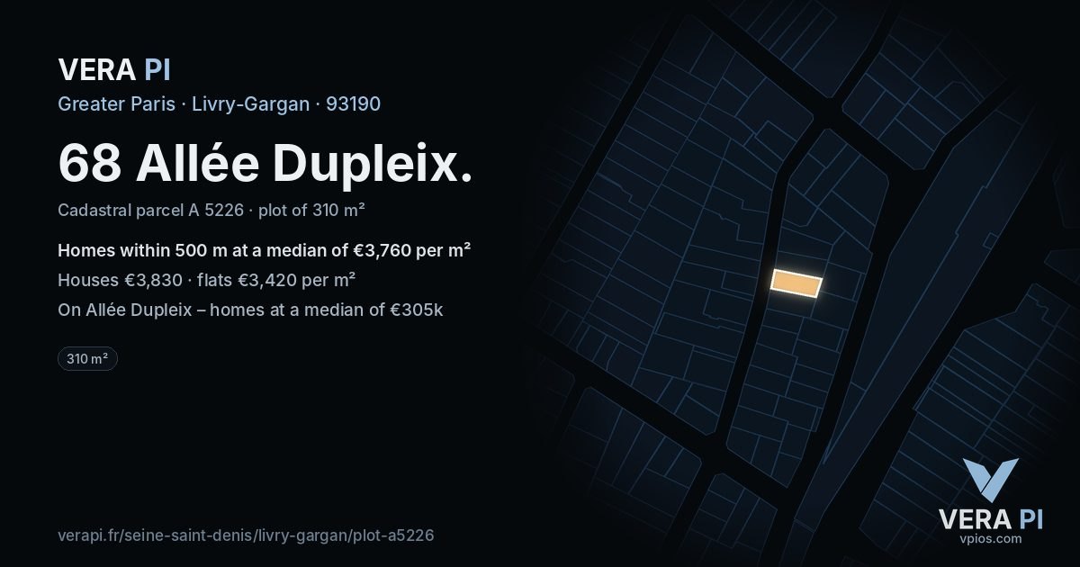 68 Allée Dupleix, Livry-Gargan at night – the plot lit, the parcels around coloured by the prices near them
