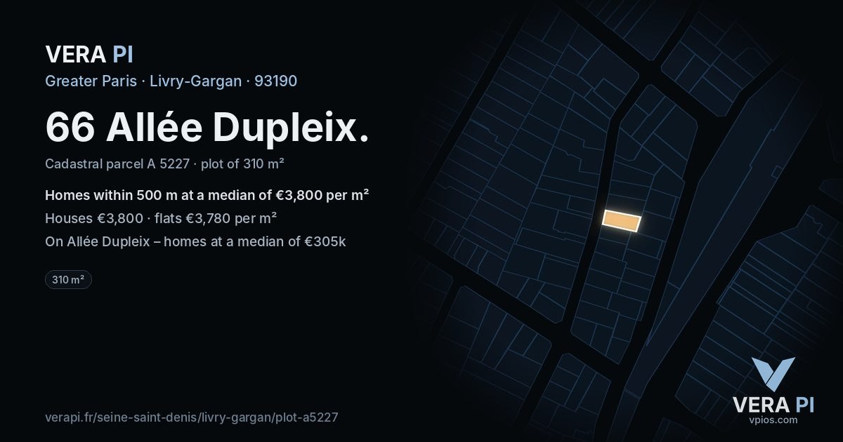 66 Allée Dupleix, Livry-Gargan at night – the plot lit, the parcels around coloured by the prices near them
