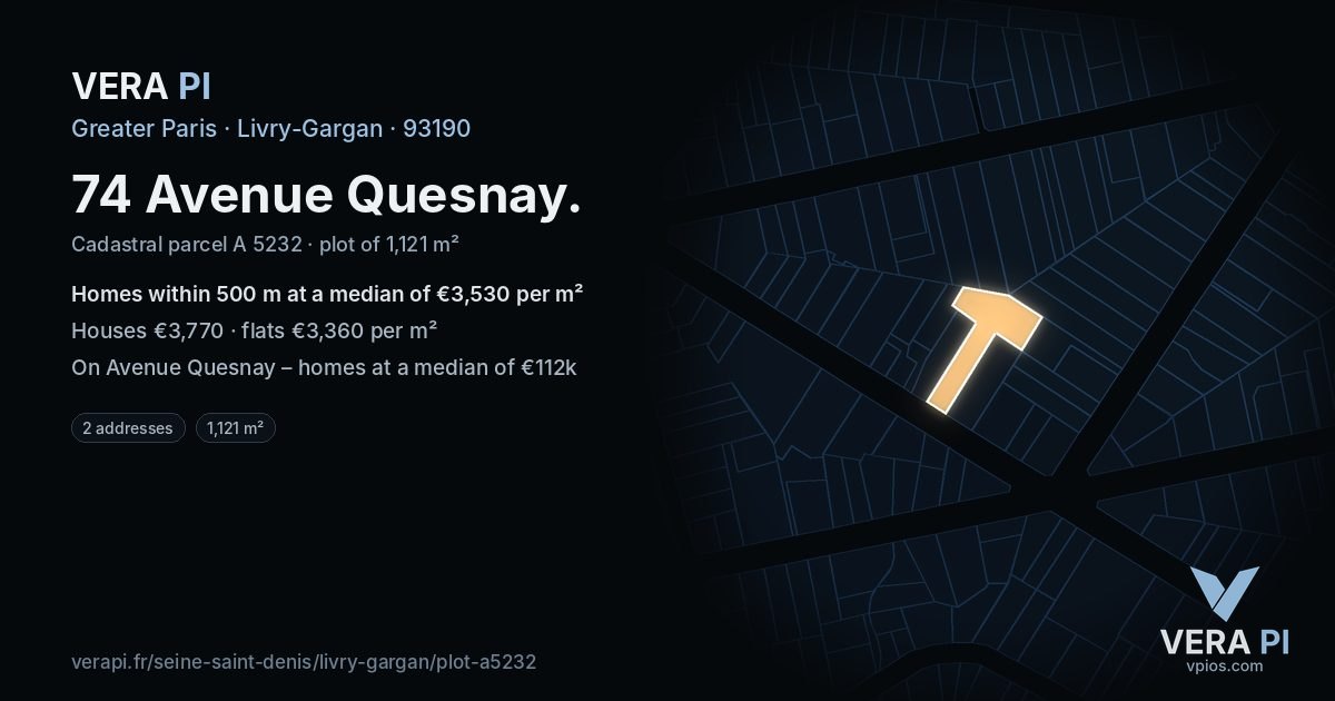 74 Avenue Quesnay, Livry-Gargan at night – the plot lit, the parcels around coloured by the prices near them