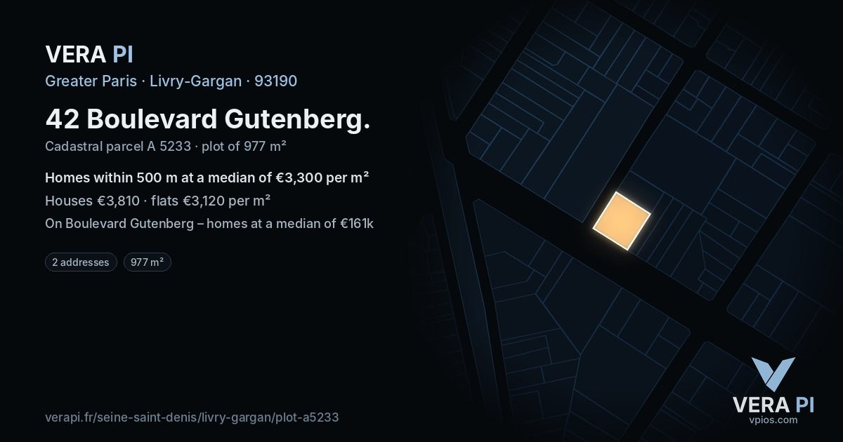 42 Boulevard Gutenberg, Livry-Gargan at night – the plot lit, the parcels around coloured by the prices near them