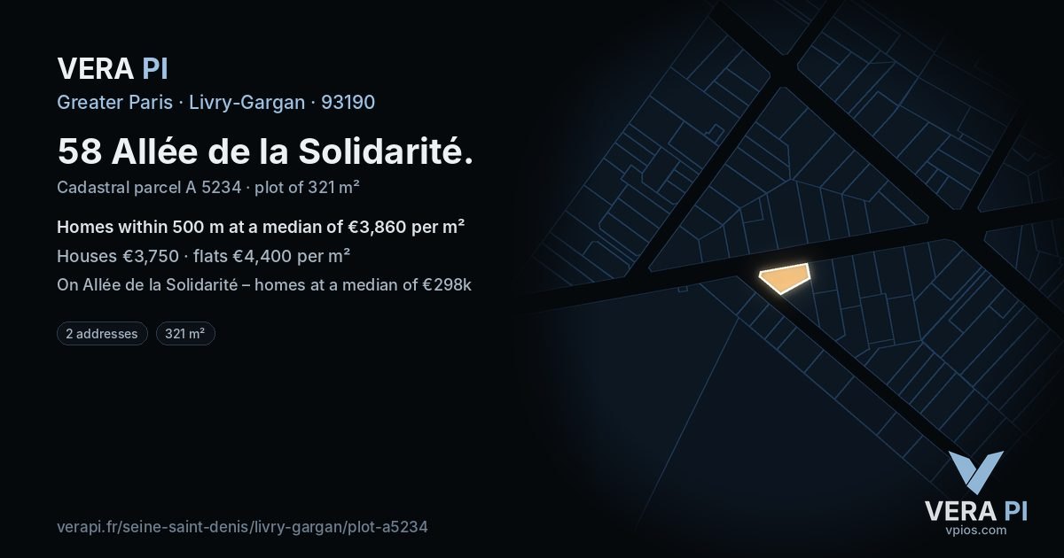 58 Allée de la Solidarité, Livry-Gargan at night – the plot lit, the parcels around coloured by the prices near them