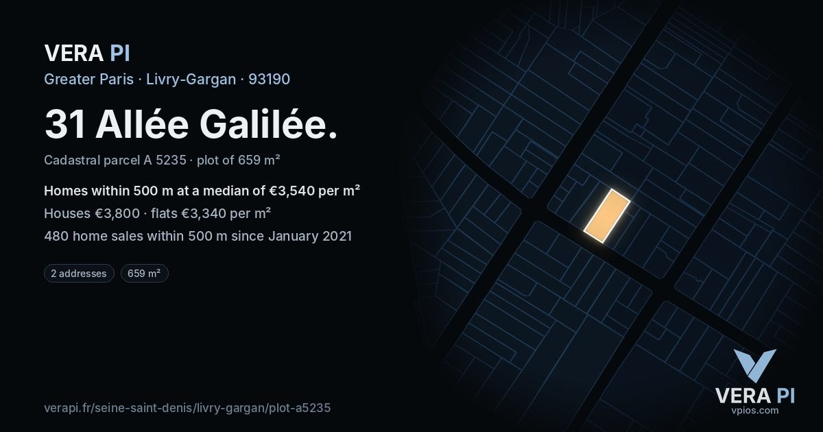 31 Allée Galilée, Livry-Gargan at night – the plot lit, the parcels around coloured by the prices near them