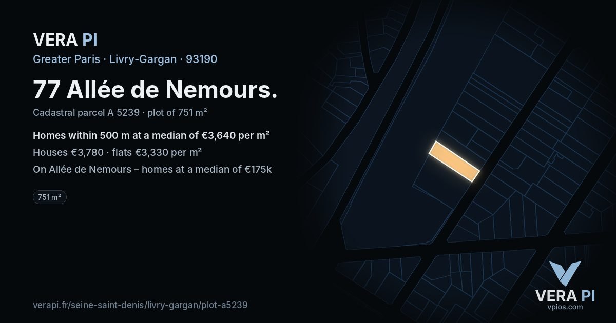77 Allée de Nemours, Livry-Gargan at night – the plot lit, the parcels around coloured by the prices near them