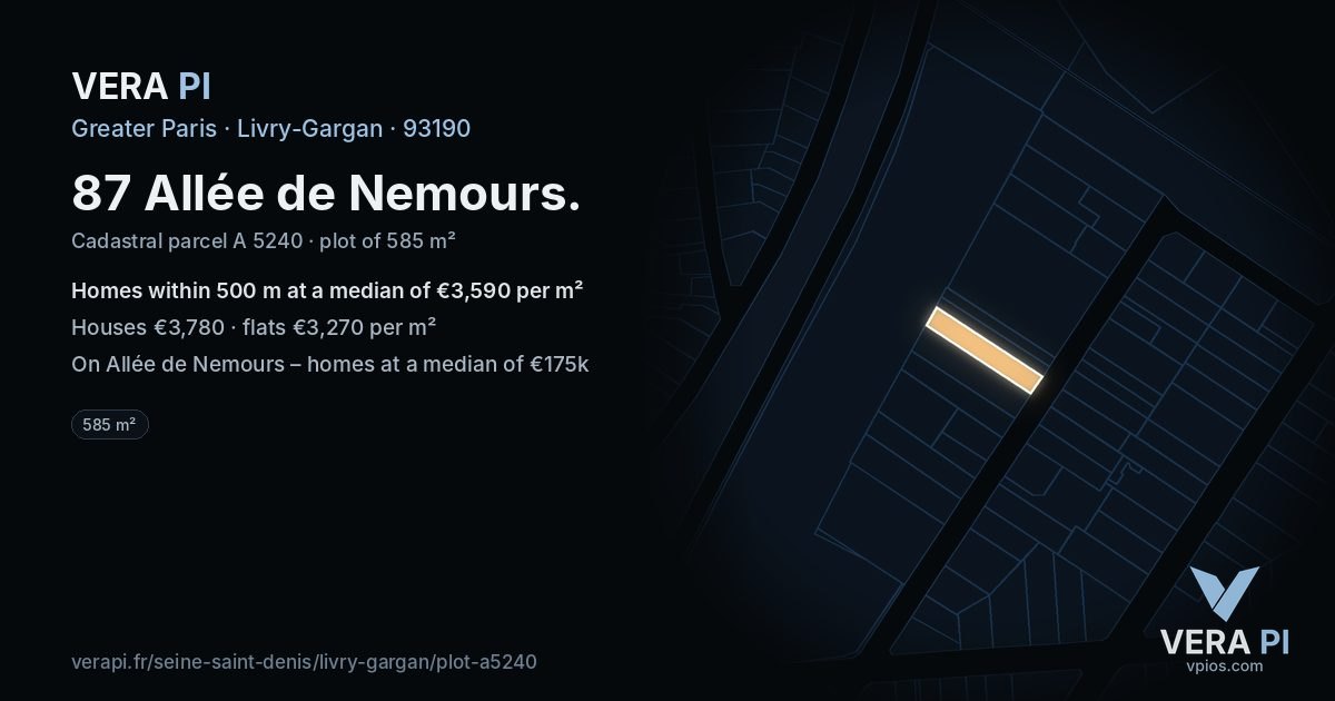 87 Allée de Nemours, Livry-Gargan at night – the plot lit, the parcels around coloured by the prices near them