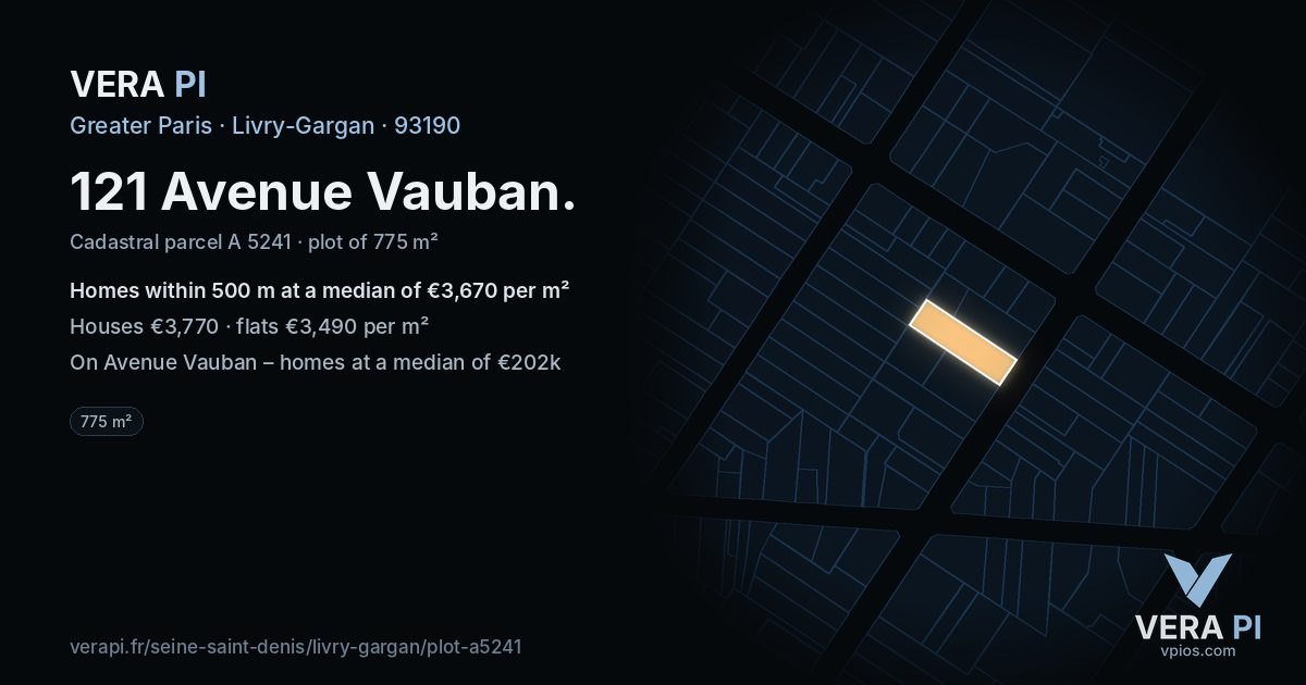 121 Avenue Vauban, Livry-Gargan at night – the plot lit, the parcels around coloured by the prices near them