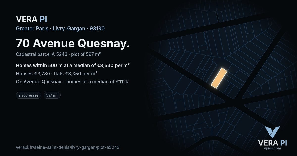 70 Avenue Quesnay, Livry-Gargan at night – the plot lit, the parcels around coloured by the prices near them