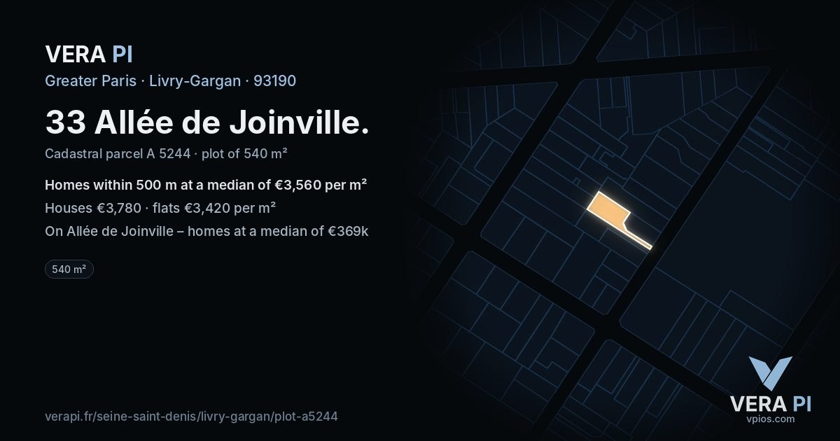33 Allée de Joinville, Livry-Gargan at night – the plot lit, the parcels around coloured by the prices near them