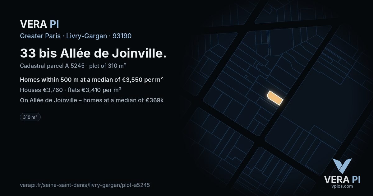 33 bis Allée de Joinville, Livry-Gargan at night – the plot lit, the parcels around coloured by the prices near them