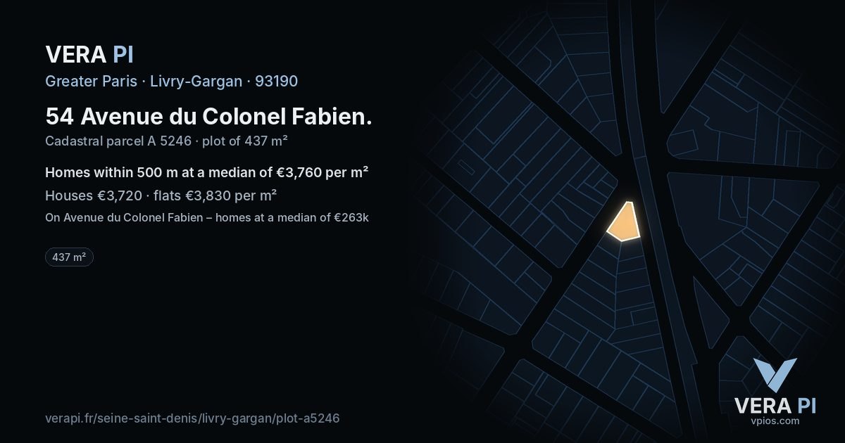 54 Avenue du Colonel Fabien, Livry-Gargan at night – the plot lit, the parcels around coloured by the prices near them
