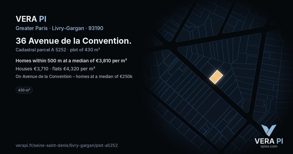 36 Avenue de la Convention, Livry-Gargan at night – the plot lit, the parcels around coloured by the prices near them