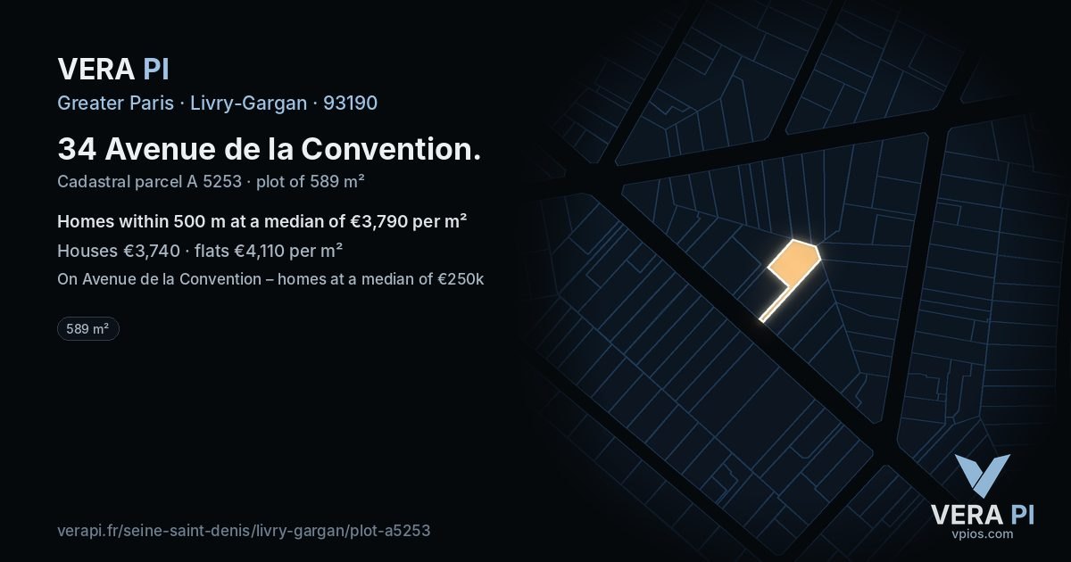 34 Avenue de la Convention, Livry-Gargan at night – the plot lit, the parcels around coloured by the prices near them