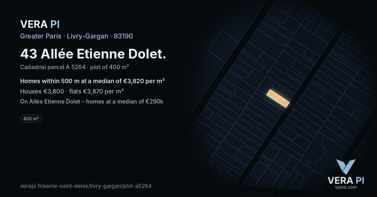43 Allée Etienne Dolet, Livry-Gargan at night – the plot lit, the parcels around coloured by the prices near them