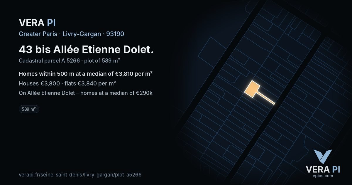 43 bis Allée Etienne Dolet, Livry-Gargan at night – the plot lit, the parcels around coloured by the prices near them