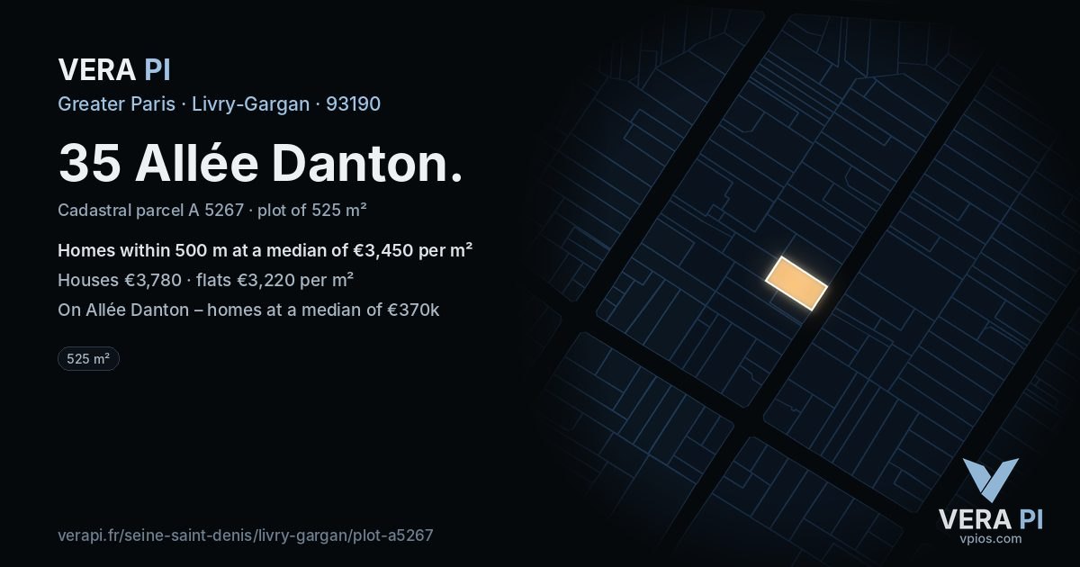 35 Allée Danton, Livry-Gargan at night – the plot lit, the parcels around coloured by the prices near them