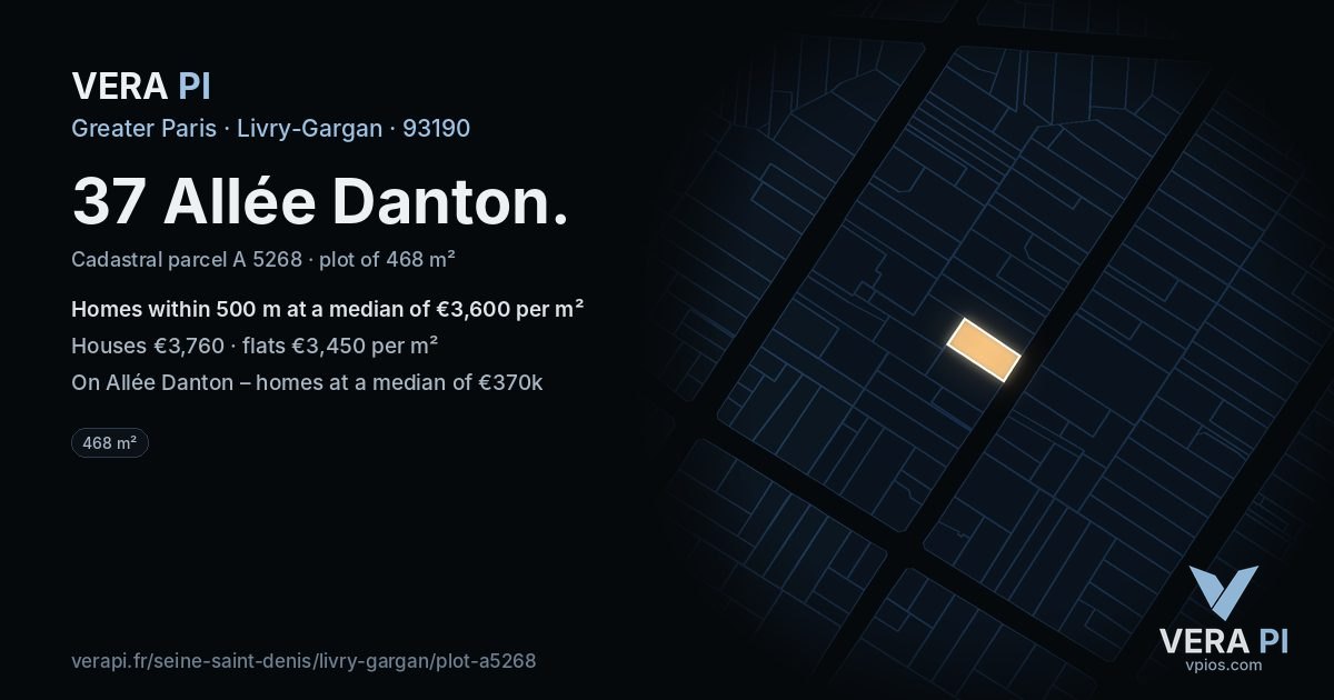 37 Allée Danton, Livry-Gargan at night – the plot lit, the parcels around coloured by the prices near them