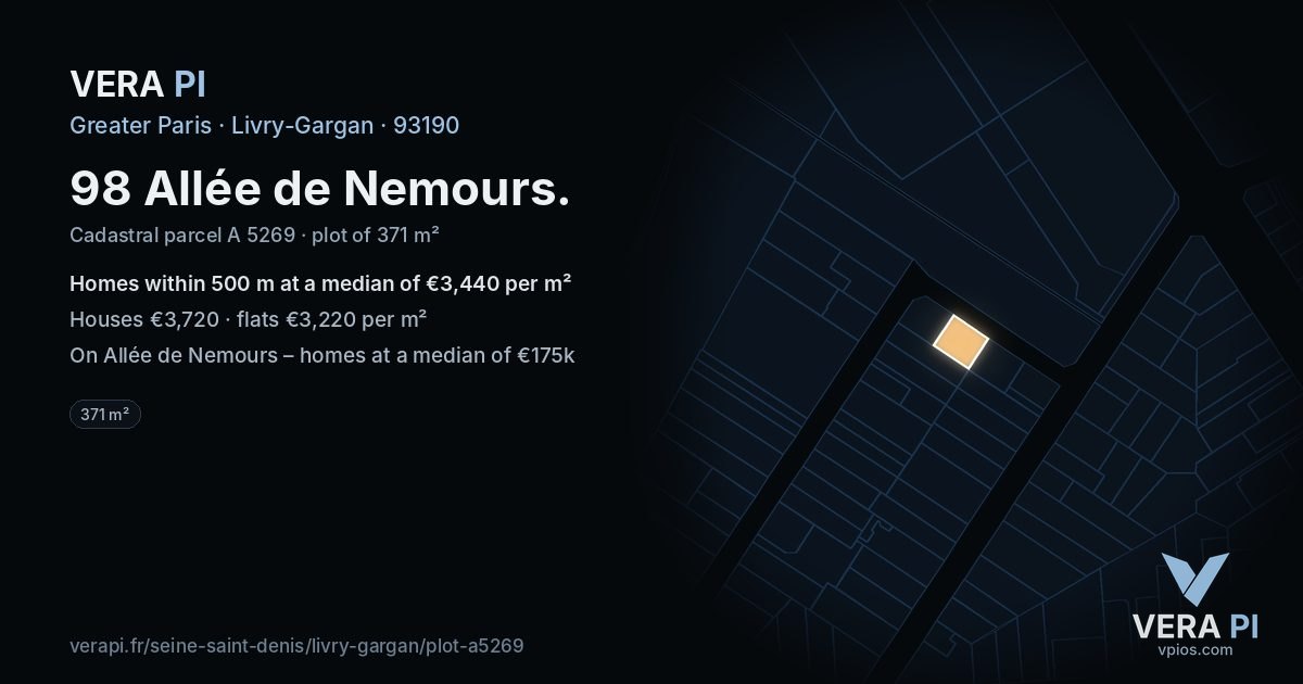 98 Allée de Nemours, Livry-Gargan at night – the plot lit, the parcels around coloured by the prices near them