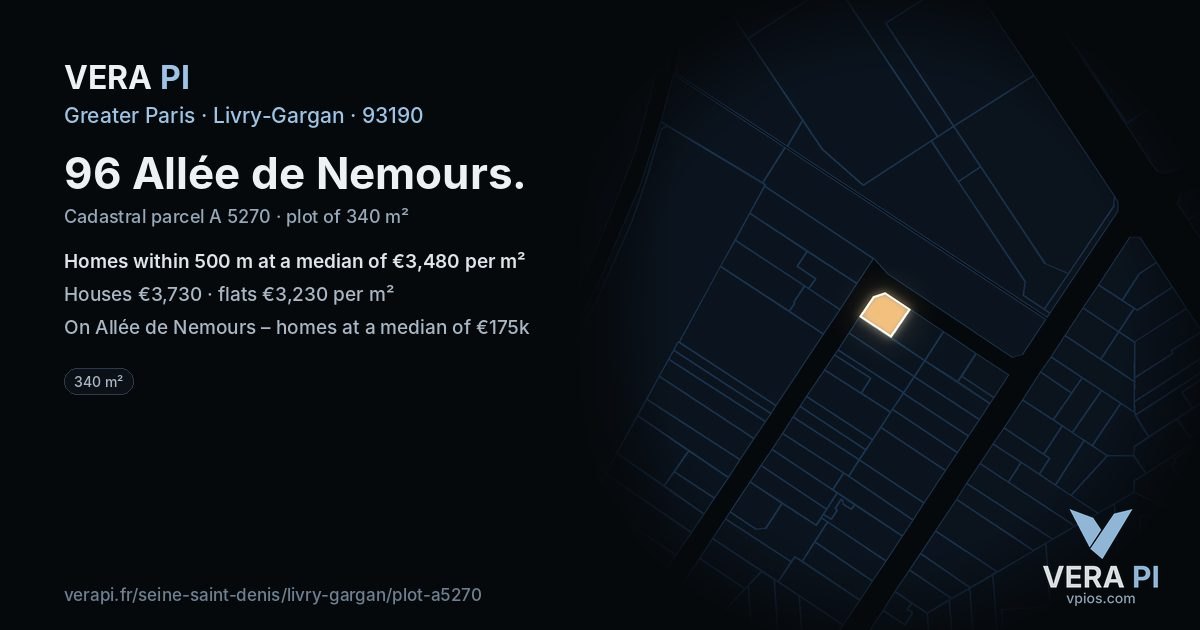 96 Allée de Nemours, Livry-Gargan at night – the plot lit, the parcels around coloured by the prices near them