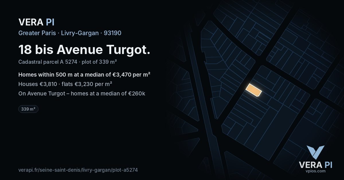 18 bis Avenue Turgot, Livry-Gargan at night – the plot lit, the parcels around coloured by the prices near them