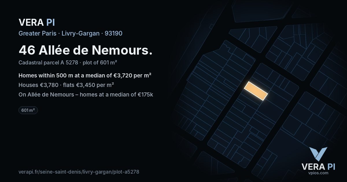 46 Allée de Nemours, Livry-Gargan at night – the plot lit, the parcels around coloured by the prices near them