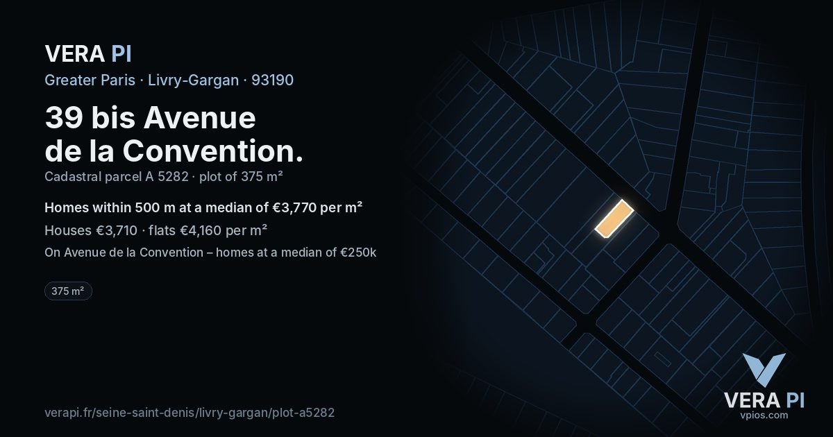 39 bis Avenue de la Convention, Livry-Gargan at night – the plot lit, the parcels around coloured by the prices near them