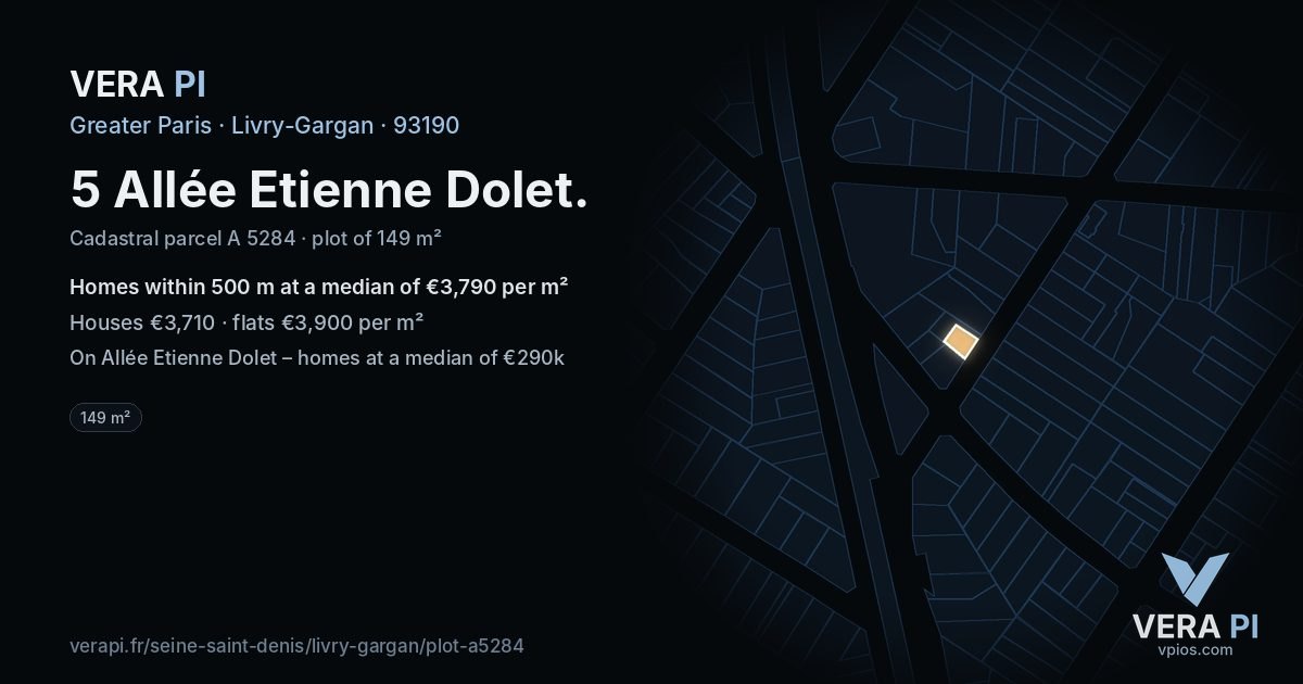 5 Allée Etienne Dolet, Livry-Gargan at night – the plot lit, the parcels around coloured by the prices near them