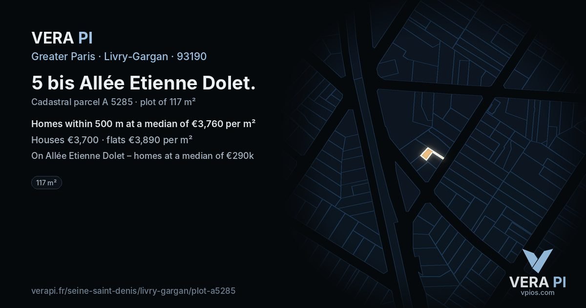 5 bis Allée Etienne Dolet, Livry-Gargan at night – the plot lit, the parcels around coloured by the prices near them