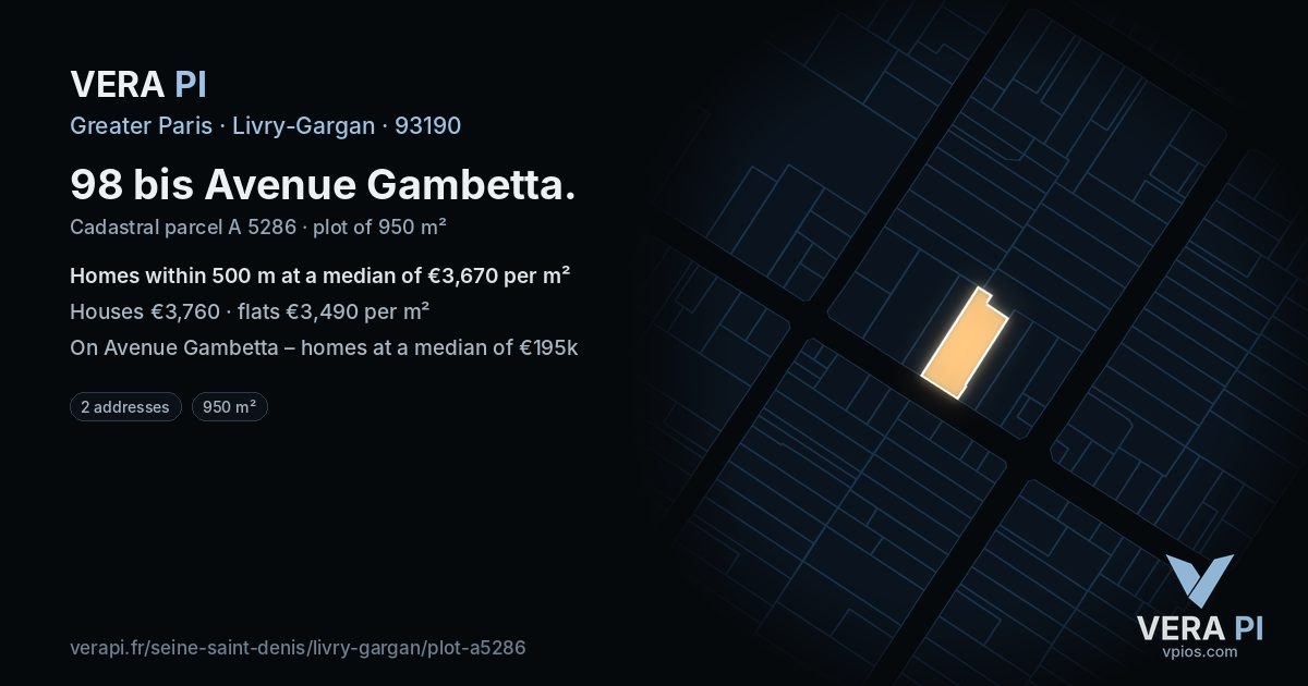 98 bis Avenue Gambetta, Livry-Gargan at night – the plot lit, the parcels around coloured by the prices near them