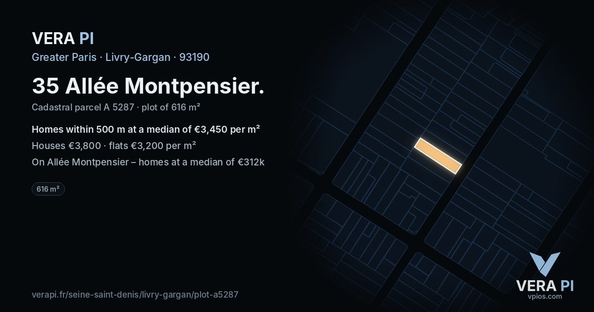 35 Allée Montpensier, Livry-Gargan at night – the plot lit, the parcels around coloured by the prices near them