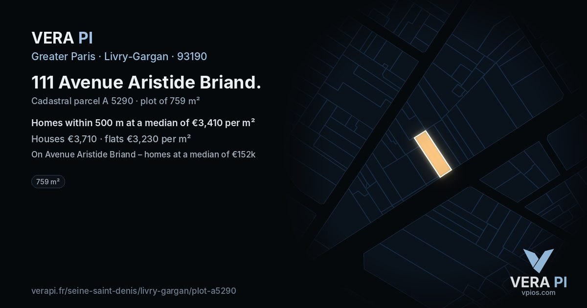 111 Avenue Aristide Briand, Livry-Gargan at night – the plot lit, the parcels around coloured by the prices near them