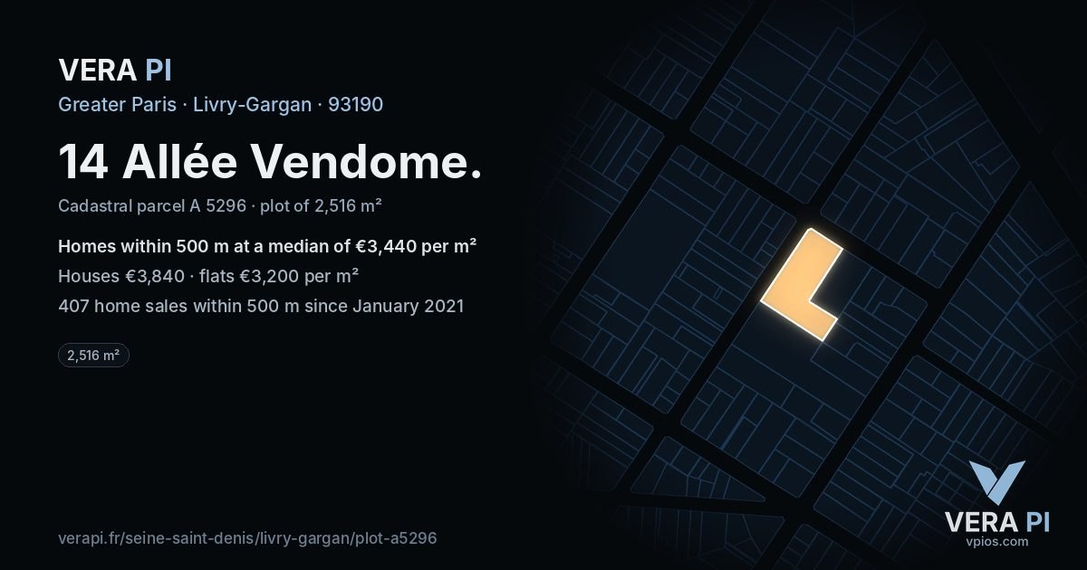 14 Allée Vendome, Livry-Gargan at night – the plot lit, the parcels around coloured by the prices near them