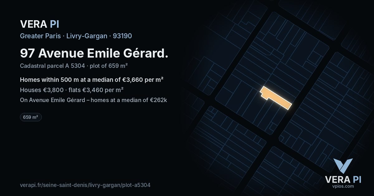 97 Avenue Emile Gérard, Livry-Gargan at night – the plot lit, the parcels around coloured by the prices near them