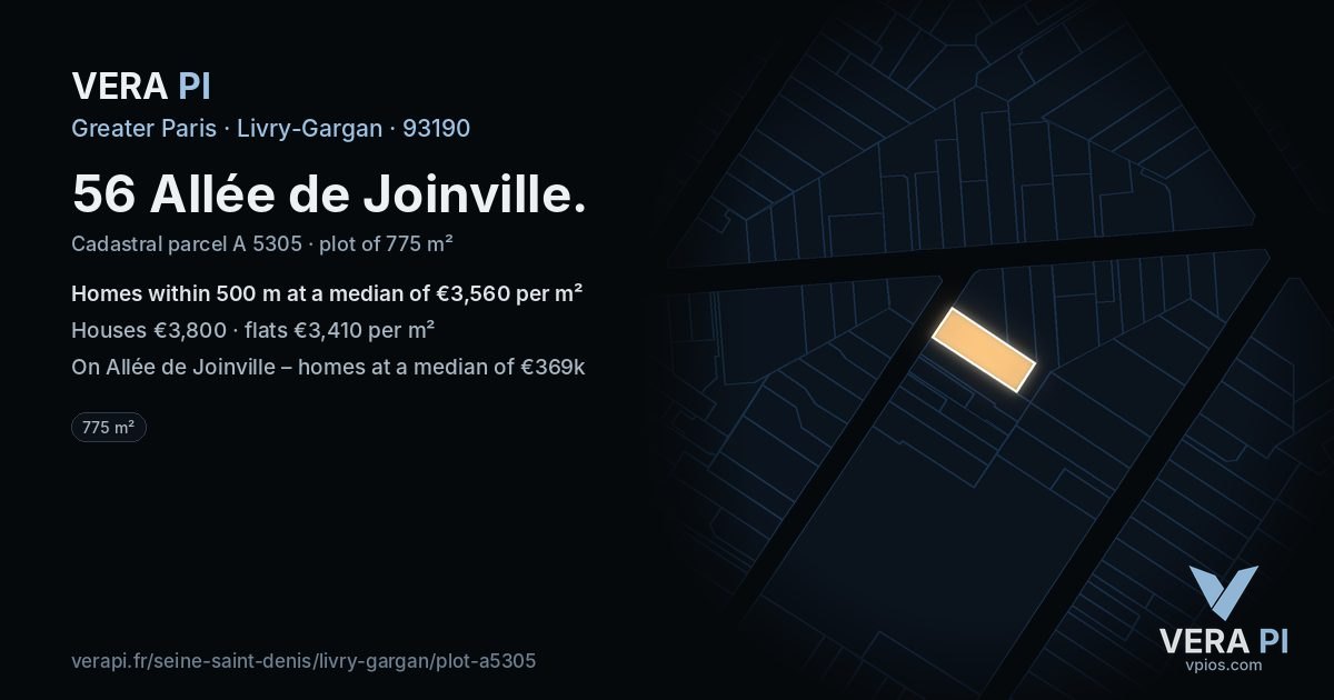 56 Allée de Joinville, Livry-Gargan at night – the plot lit, the parcels around coloured by the prices near them