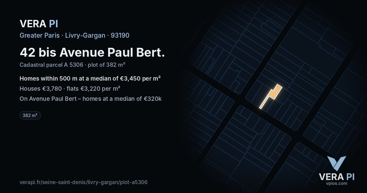 42 bis Avenue Paul Bert, Livry-Gargan at night – the plot lit, the parcels around coloured by the prices near them