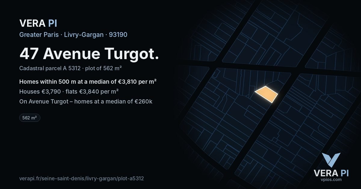 47 Avenue Turgot, Livry-Gargan at night – the plot lit, the parcels around coloured by the prices near them