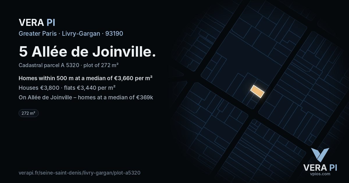 5 Allée de Joinville, Livry-Gargan at night – the plot lit, the parcels around coloured by the prices near them