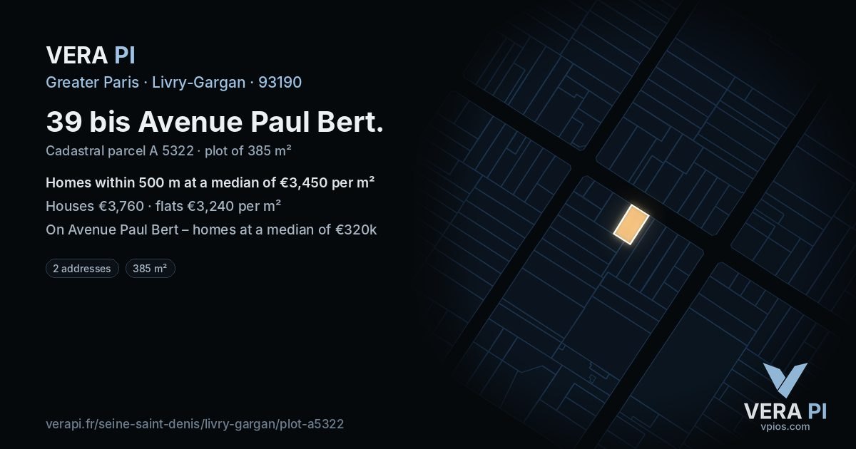 39 bis Avenue Paul Bert, Livry-Gargan at night – the plot lit, the parcels around coloured by the prices near them