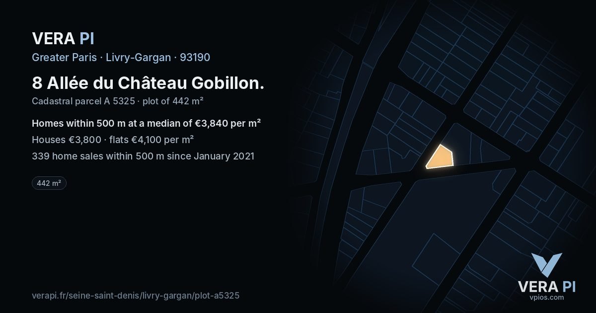 8 Allée du Château Gobillon, Livry-Gargan at night – the plot lit, the parcels around coloured by the prices near them
