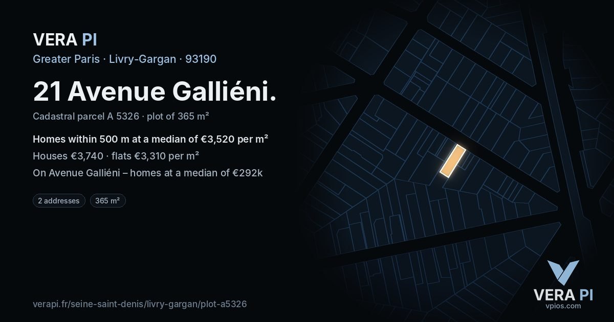 21 Avenue Galliéni, Livry-Gargan at night – the plot lit, the parcels around coloured by the prices near them