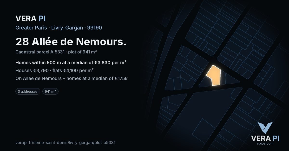 28 Allée de Nemours, Livry-Gargan at night – the plot lit, the parcels around coloured by the prices near them