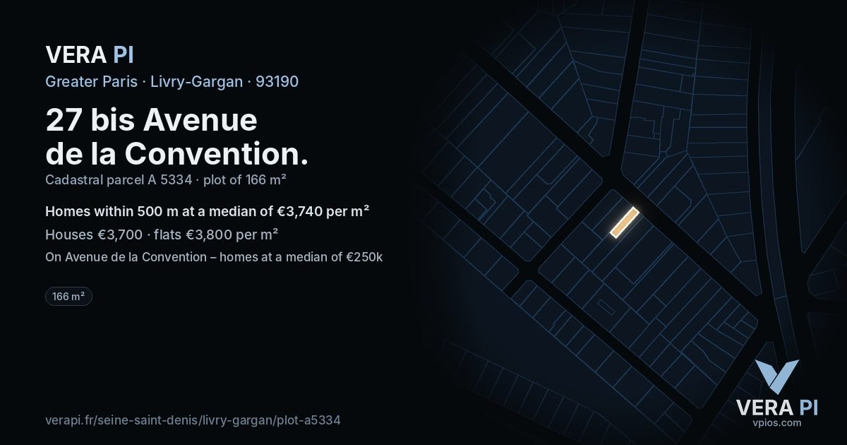 27 bis Avenue de la Convention, Livry-Gargan at night – the plot lit, the parcels around coloured by the prices near them