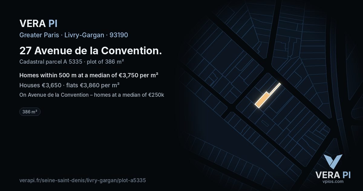 27 Avenue de la Convention, Livry-Gargan at night – the plot lit, the parcels around coloured by the prices near them