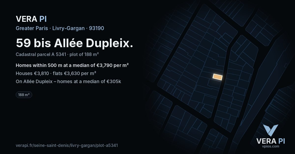 59 bis Allée Dupleix, Livry-Gargan at night – the plot lit, the parcels around coloured by the prices near them