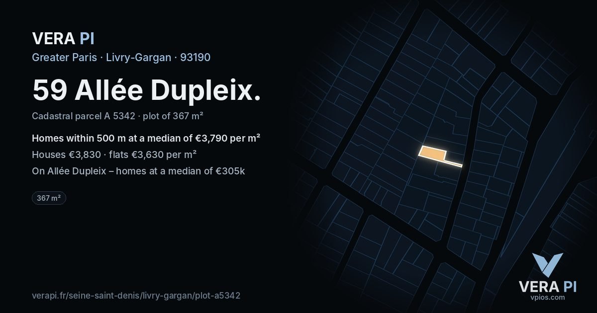 59 Allée Dupleix, Livry-Gargan at night – the plot lit, the parcels around coloured by the prices near them