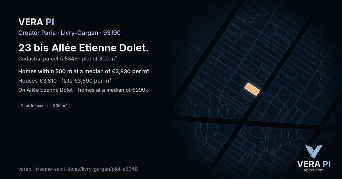 23 bis Allée Etienne Dolet, Livry-Gargan at night – the plot lit, the parcels around coloured by the prices near them