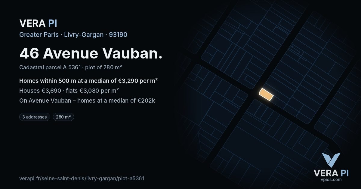 46 Avenue Vauban, Livry-Gargan at night – the plot lit, the parcels around coloured by the prices near them